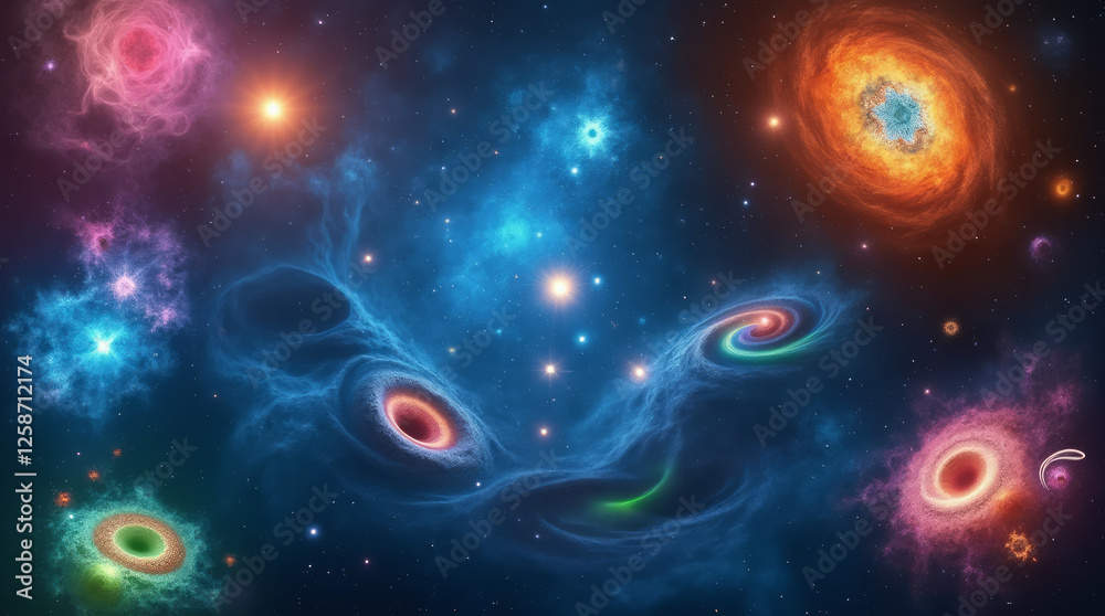 Vast Colorful Galaxy with Swirling Nebulae and Distant Stars Vast Colorful Galaxy with Swirling Nebulae and Distant Stars