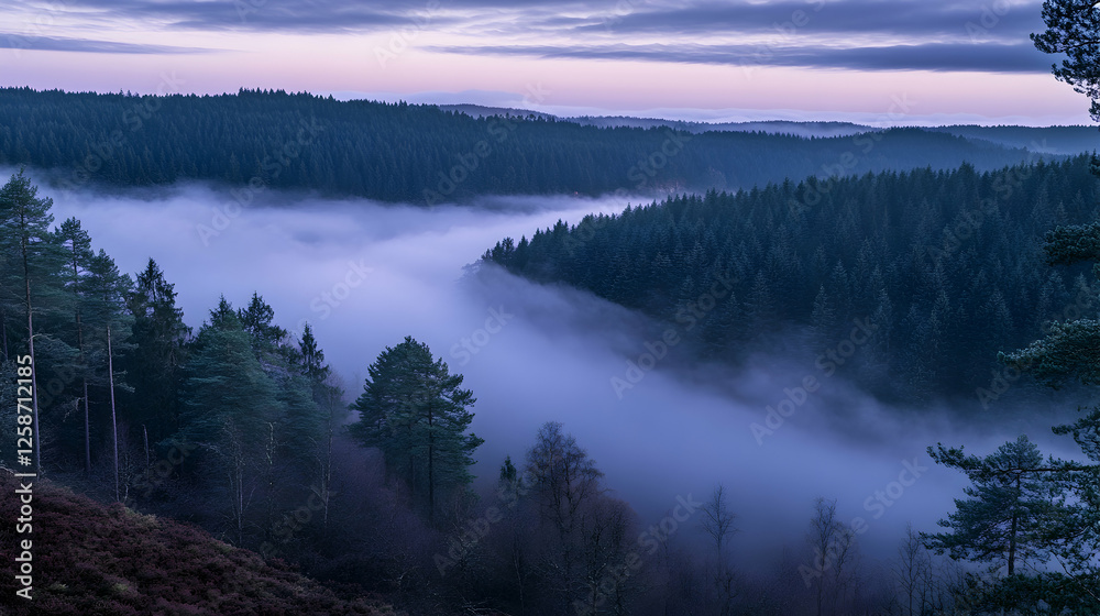 A dense fog rolling over a coniferous forest at dusk, creating a moody and cinematic landscape