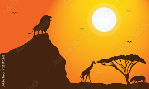 Lion, rhino, and giraffe silhouettes in savanna forest