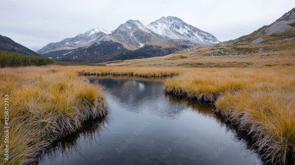Autumnal mountain stream reflecting peaks Autumnal mountain stream reflecting peaks