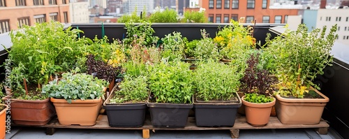 An urban rooftop garden flourishing with herbs and vegetables in containers