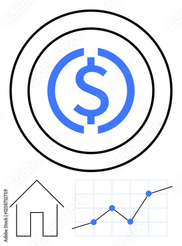 Blue dollar sign in concentric circles highlights financial focus. House outline symbolizes housing while rising line graph emphasizes investment, growth, and profitability concepts. Ideal