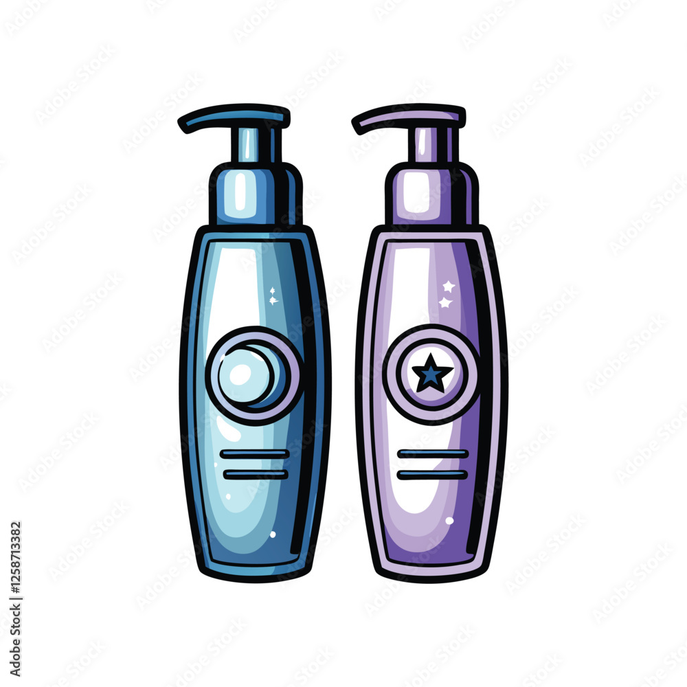 Fototapeta premium Create a minimalist vector illustration of a shampoo and conditioner bottle set, showcasing clean lines and simple shapes. Focus on sleek design.