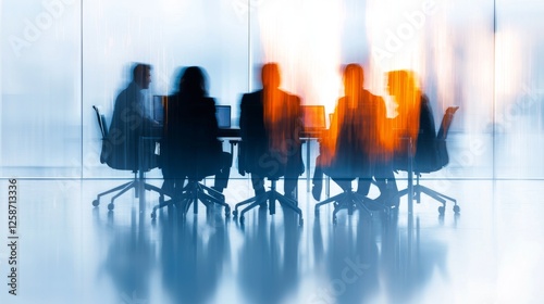 A blurred silhouette of professionals in a meeting, seated around a conference table, with a bright background suggesting a modern corporate environment.