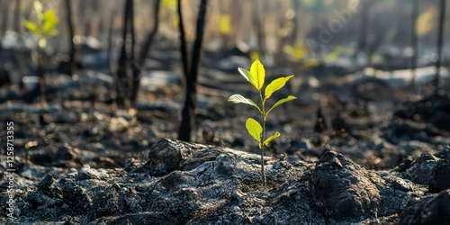 A burned-out forest with the remnants of greenery struggling to regrow. photo