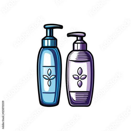 Create a minimalist vector illustration of a shampoo and conditioner bottle set, emphasizing clean lines and simple shapes.  Include labels.