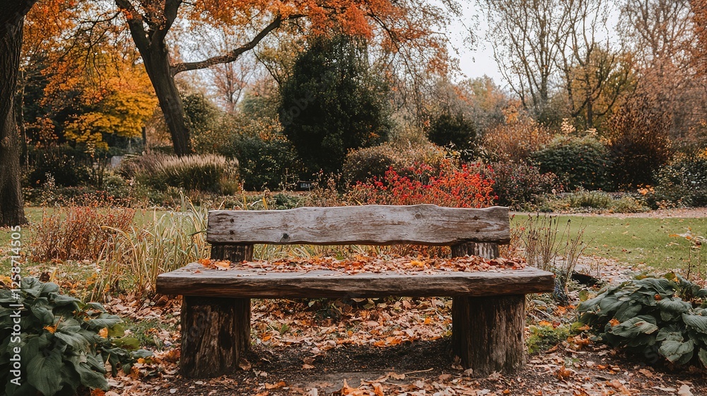 Rustic Wooden Bench Autumnal Park Setting Rustic Wooden Bench Autumnal Park Setting