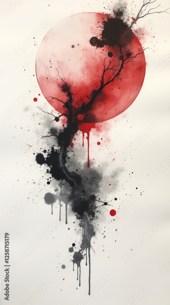 Japanese-Inspired Ink Splashes and Brushstrokes on White Canvas Japanese-Inspired Ink Splashes and Brushstrokes on White Canvas