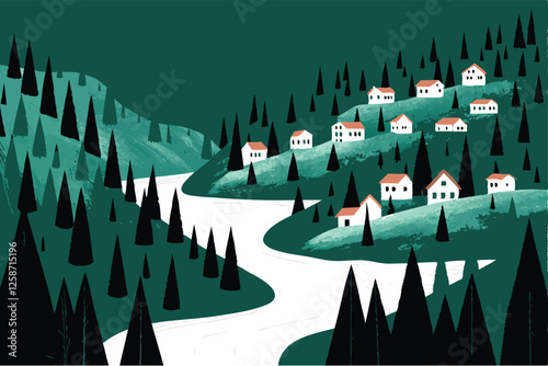 Idyllic mountain village nestled on a hillside, charming houses with traditional architecture, picturesque scenery.