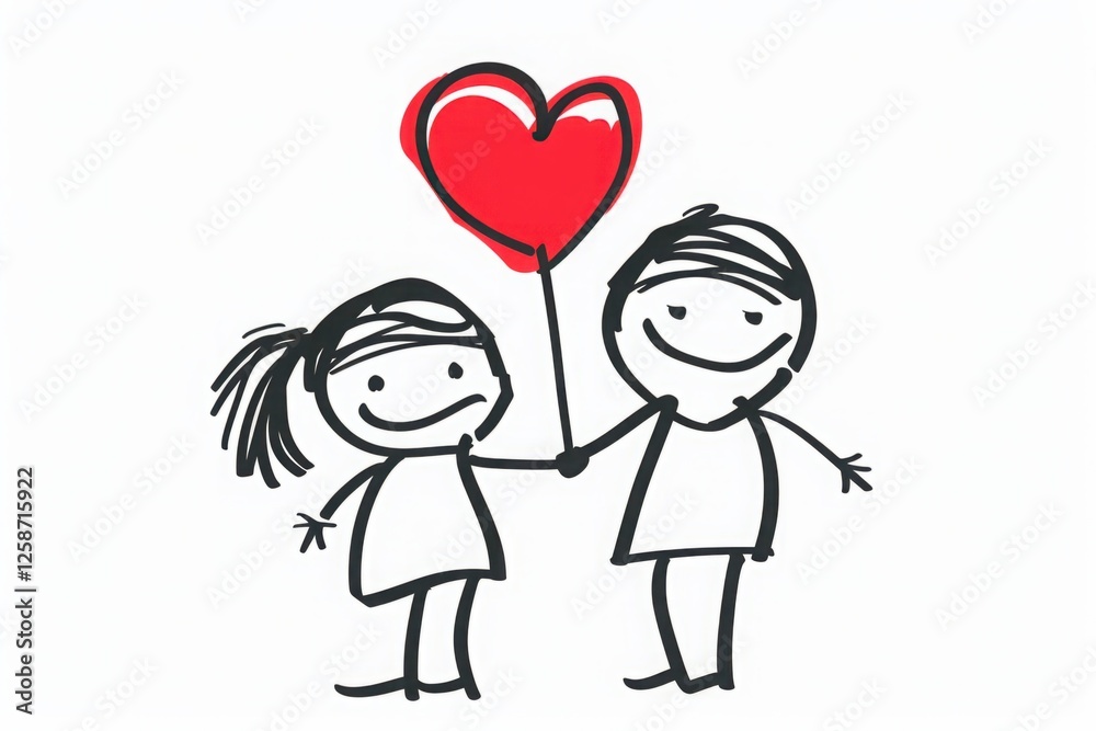 Two Playful Stick Figure Characters Holding a Heart-Shaped Balloon Together in a Cheerful and Whimsical Illustration for Love or Friendship Theme Two Playful Stick Figure Characters Holding a Heart-Shaped Balloon Together in a Cheerful and Whimsical Illustration for Love or Friendship Theme