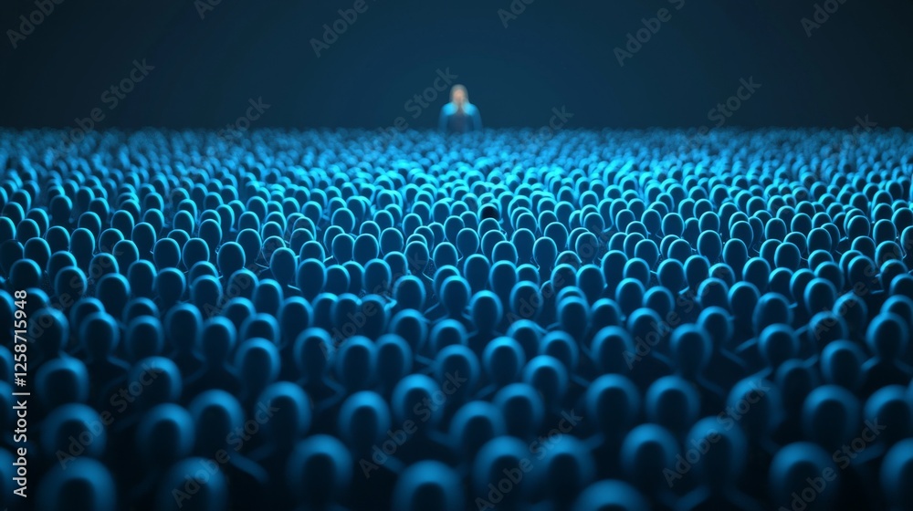 Obraz premium A lone figure stands amidst a vast crowd of identical blue silhouettes, creating a striking visual contrast and exploring themes of individuality and conformity.