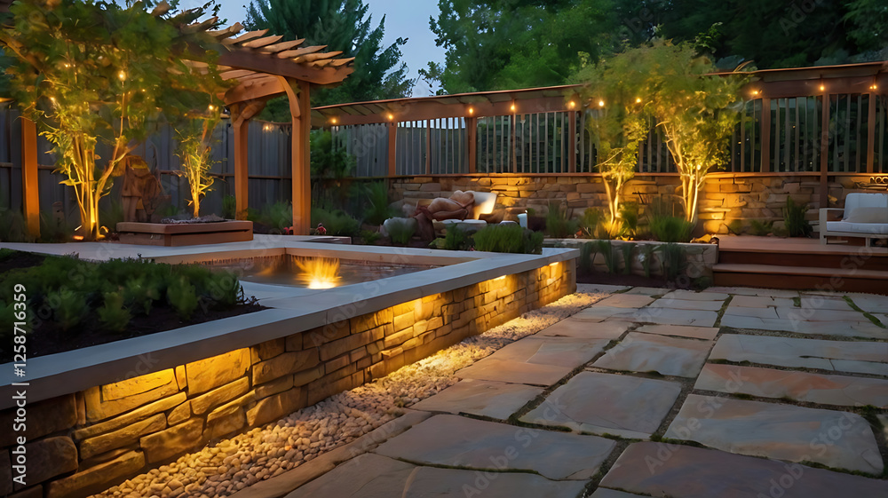 Obraz premium Back Yard Garden Aerial View with Outdoor Lights