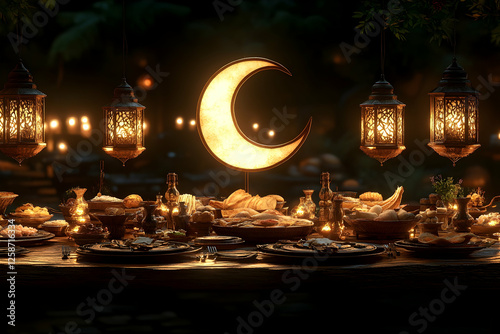 Illuminated Ramadan feast, glowing moon, and lanterns photo