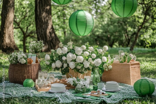 Elegant garden picnic with floral decor and green lanterns photo