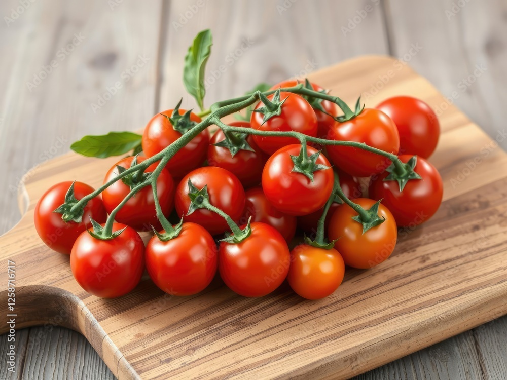 cluster of ripe cherry tomatoes on a rustic wooden cutting board, kitchen decor, cherry tomato cluster of ripe cherry tomatoes on a rustic wooden cutting board, kitchen decor, cherry tomato
