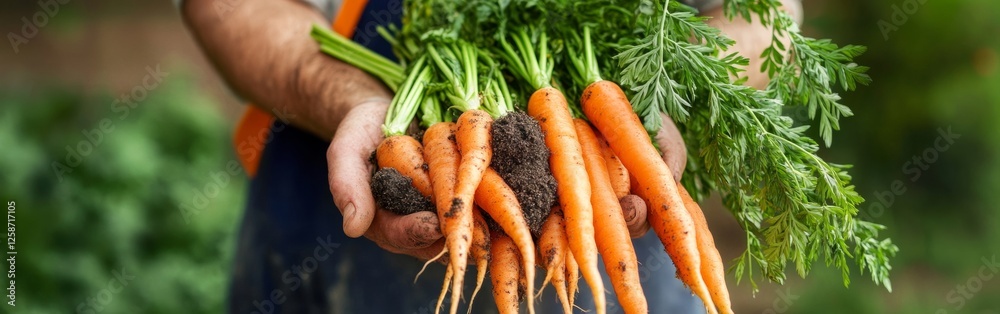 A farmer proudly holds a bunch of freshly harvested carrots, showcasing their vibrant color and earthy soil on the roots. This close-up captures the dedication of farming A farmer proudly holds a bunch of freshly harvested carrots, showcasing their vibrant color and earthy soil on the roots. This close-up captures the dedication of farming