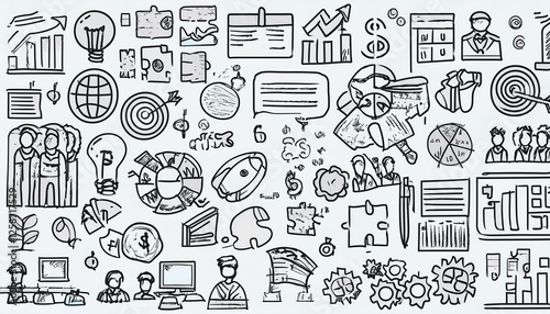 Doodle business icon set. Doodle business strategy, finance, office people teamwork concept. Target, puzzle, chart element. Hand drawn sketch style perfect any project.