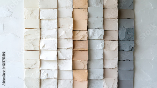 Textured stone wall with gradient of colors from creamy white to soft pearl gray, creating natural and elegant aesthetic. stacked stone arrangement adds depth and dimension to surface