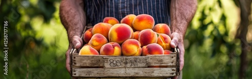 A farmer stands outdoors holding a wooden crate filled with ripe, juicy peaches amidst lush greenery under the sun, celebrating the bounty of the harvest season photo