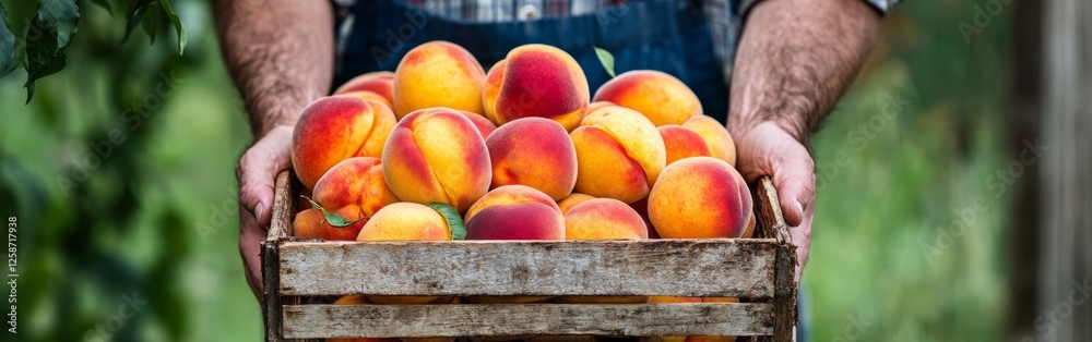 In a lush natural setting, a farmer proudly holds a wooden crate overflowing with ripe peaches, showcasing the harvest's bounty under soft sunlight In a lush natural setting, a farmer proudly holds a wooden crate overflowing with ripe peaches, showcasing the harvest's bounty under soft sunlight