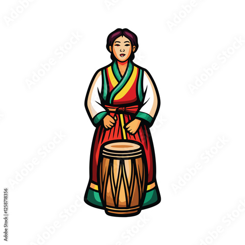 Create a vibrant vector illustration of a Pansori singer, showcasing traditional Korean attire and expressive performance.  Focus on dynamic pose and rich detail.