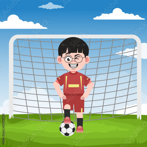 Cute Chinese Boy with Glasses cartoon Character Playing Football