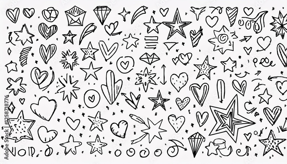 Fototapeta premium Doodle cute star, heart, arrow pen line elements. Doodle heart, emphasis, star, sparkle decoration symbol set icon. Simple sketch line style text decoration, emphasis elements. perfect any project.