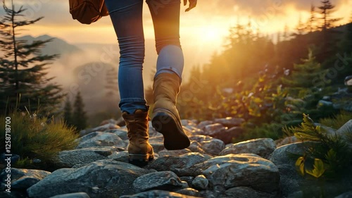 Woman hiking mountain trail sunset