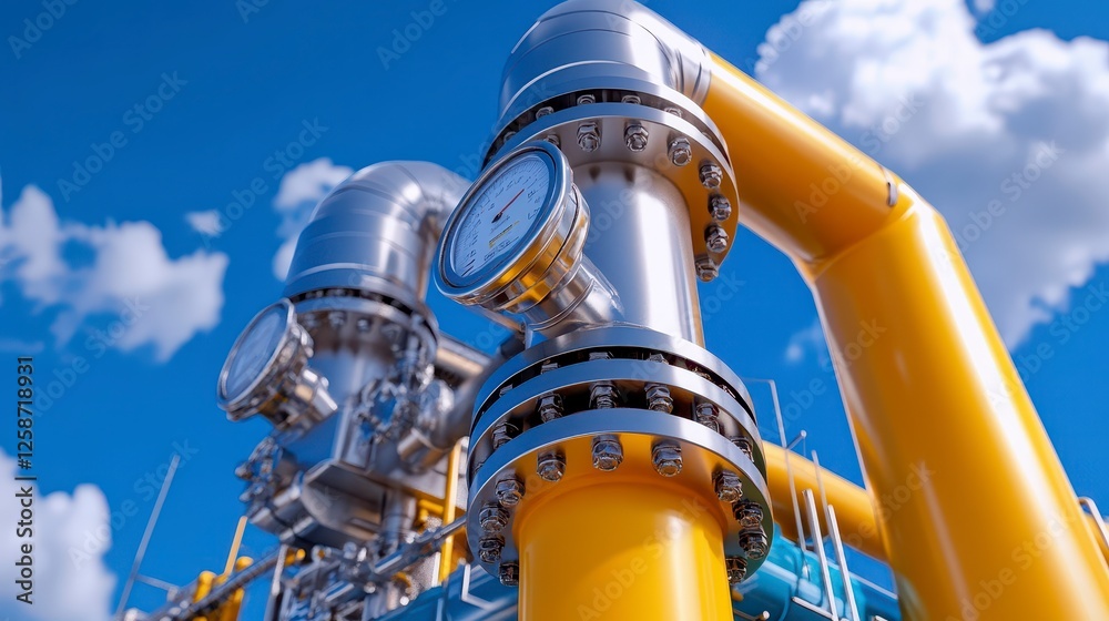 A close-up view of industrial pipes and gauges against a blue sky, showcasing a modern and efficient design in a gas or oil facility.