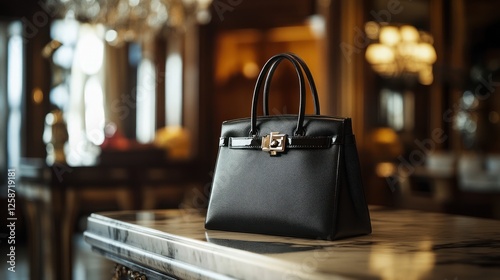 Luxury black handbag on marble table, opulent background. Lifestyle photography for fashion websites