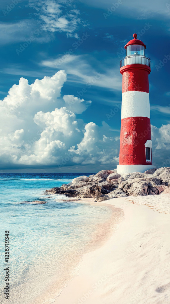 Fototapeta premium Majestic red and white lighthouse stands tall on sandy beach under a bright blue sky with fluffy clouds