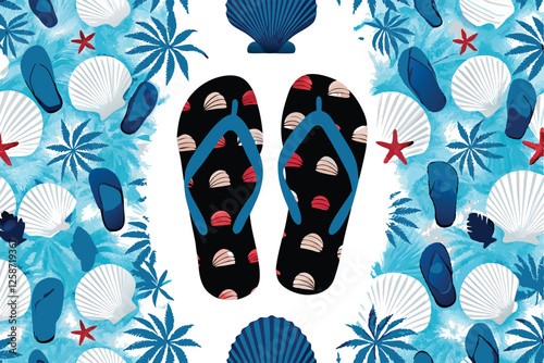 Create a vibrant, seamless vector pattern featuring summer beach elements like flip-flops, seashells, starfish, and sun.  Use bright, cheerful colors.