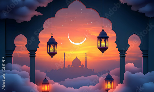 Islamic Mosque Sunset Through Clouds;  Lanterns, Clouds, Arches,  Religious,  Night, View; Stock Photo for Ramadan or Eid photo