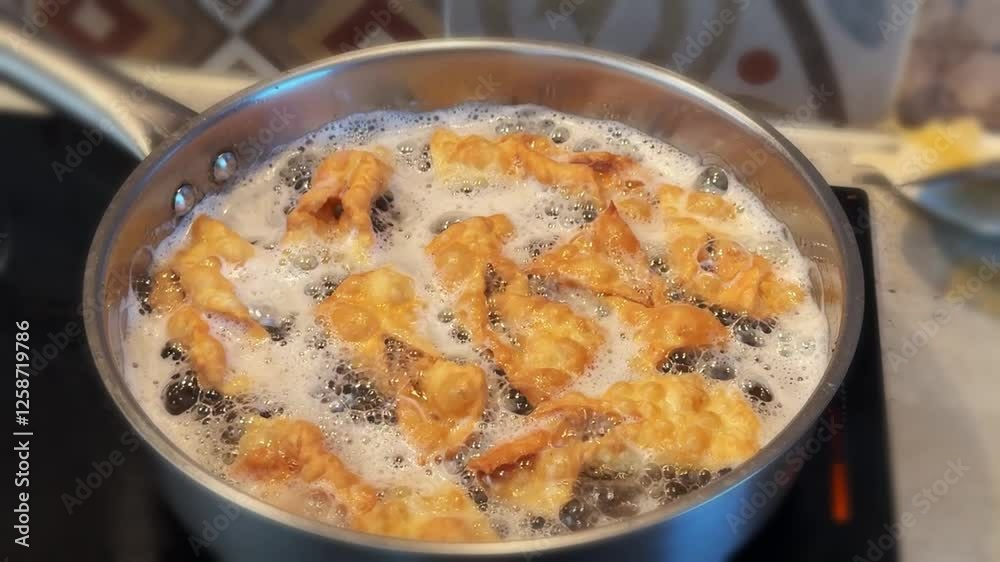 Traditional Polish sweet crispy biscuits called Faworki being dusted with powder sugar on a kitchen countertop Traditional Polish sweet crispy biscuits called Faworki being dusted with powder sugar on a kitchen countertop