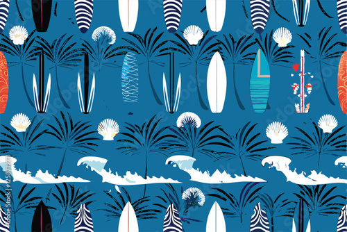 Create a vibrant, seamless vector pattern featuring various surfboards, beach waves, seashells, and palm trees.  Use a bold, summery color palette.