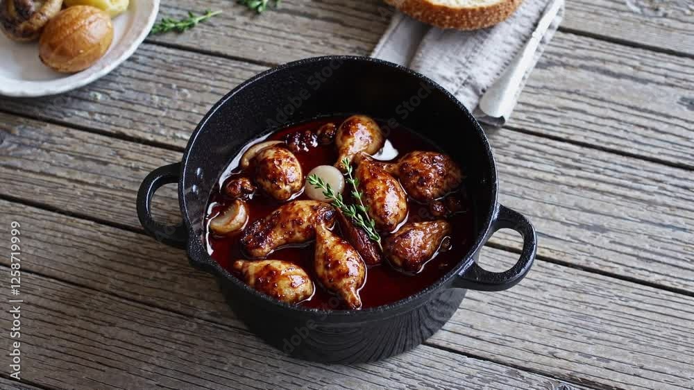 A rustic cast-iron pot filled with coq au vin sits on a wooden farmhouse table, its rich, deep-red wine sauce simmering around tender, slow-braised chicken pieces. 