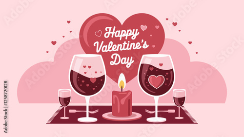 Two glasses of wine, a lit candle, and a heart in the background, symbolizing a romantic Valentine's Day dinner on a plain white background.