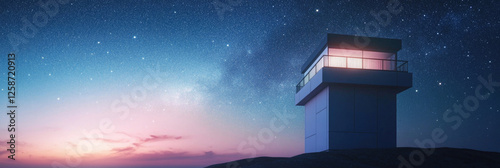 Dusk sets over a watchtower under a starry sky with a glowing horizon and vibrant colors