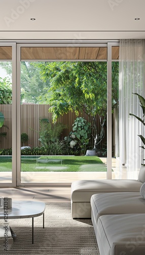 Sleek Sliding Glass Door to Lush Backyard - Energy Efficient Design for Modern Homes photo