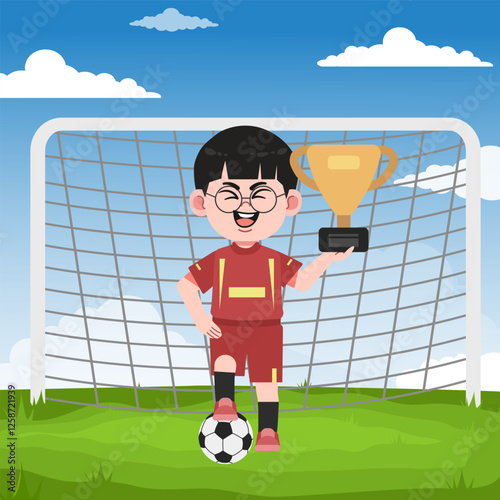 Cute Chinese Boy with Glasses cartoon Character Playing Football