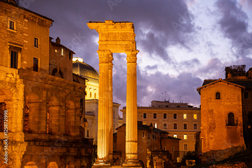 Cloudy evening sky over a corner of Rome, with the Teatro di Marcello, the Tempio di Apollo Sosiano, and the Synagogue, Rome, Lazio, Italy photo