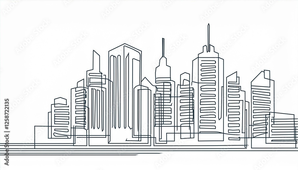Obraz premium Continuous line city building. One single outline cityscape continuous construction. Editable stroke building background. perfect any project.