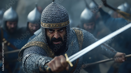 Arabic islamic muslim soldier warrior in armor fighting in medieval holy war islam crusade photo
