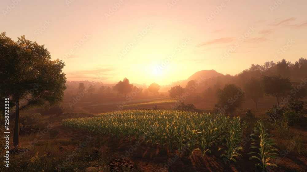 Naklejka premium Serene Sunset Over Lush Cornfield Landscape