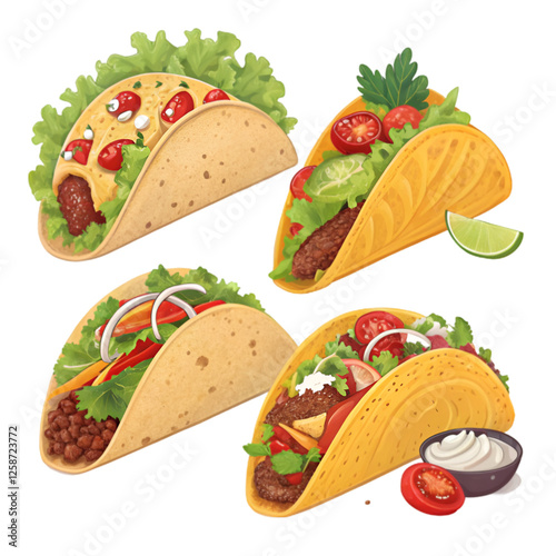 set of Mexican tacos food illustration on white background