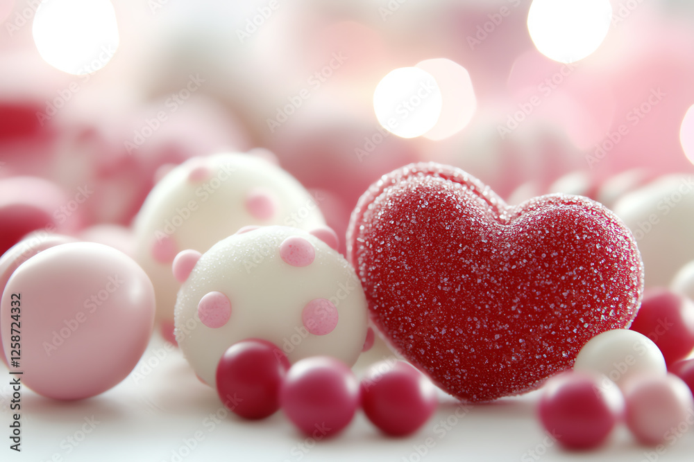 Obraz premium Valentine's Day candies with pink, red, and white colors, heart shaped