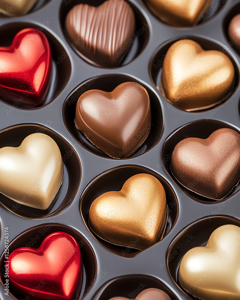 Fototapeta premium Valentine's Day candy box with assorted heart-shaped chocolates