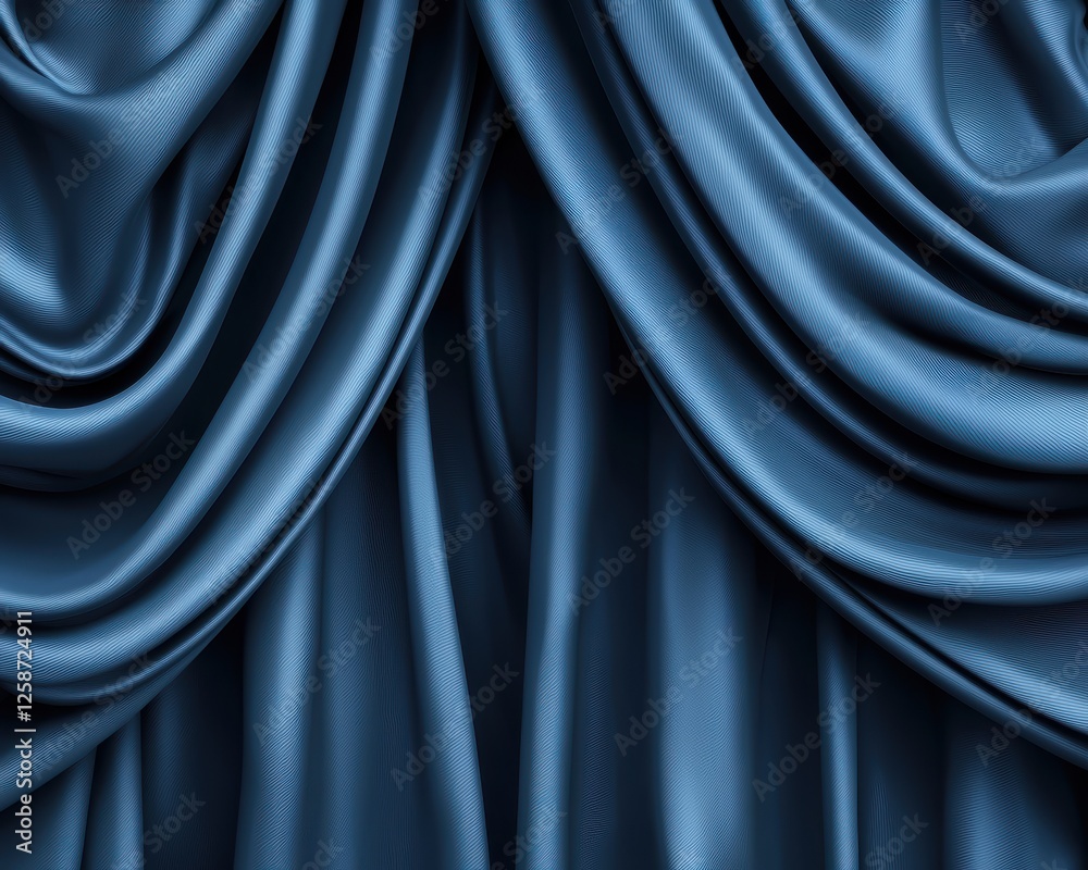 Obraz premium A dramatic stage scene featuring elegant dark blue silk curtains, gently draped, evoking a sense of mystery and performance