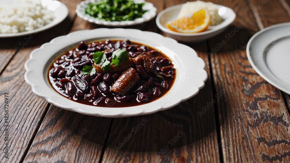 A steaming bowl of Brazilian feijoada sits on a rustic wooden table, its rich, dark stew filled with tender black beans, slow-cooked pork, and smoky sausages. 