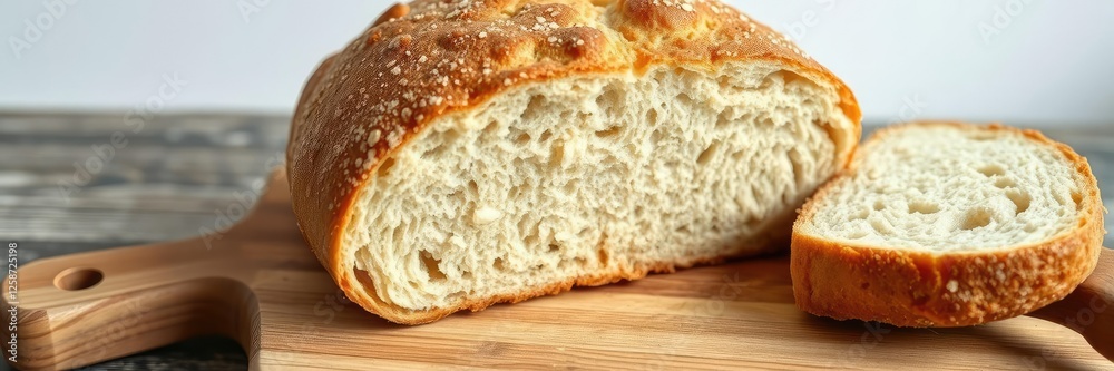 Crusty loaf of bread on a wooden cutting board, flatbread, chopping board Crusty loaf of bread on a wooden cutting board, flatbread, chopping board